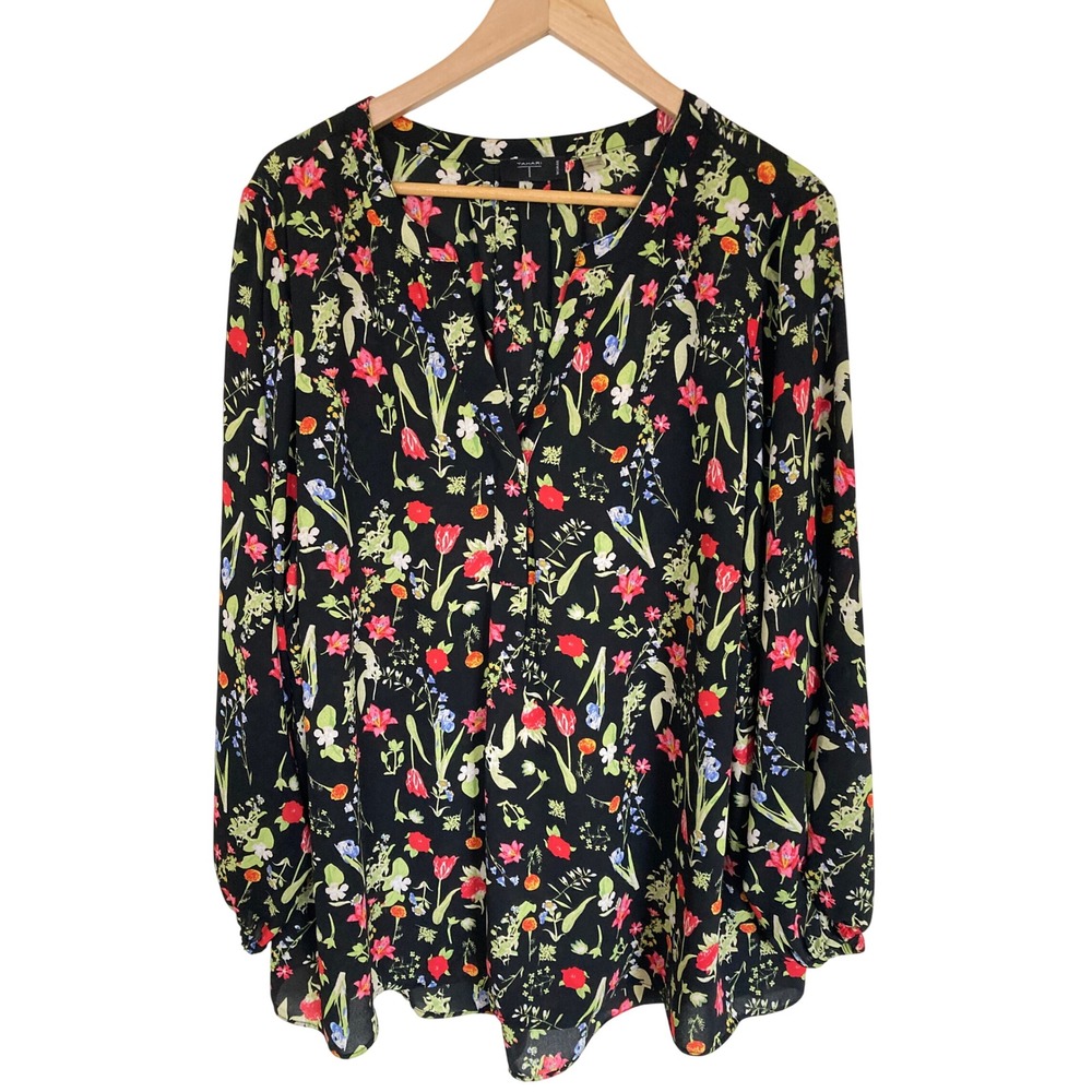 Tahari Woman Black Floral Split Neck Long Sleeve Blouse Plus Size 3X RN 93178
